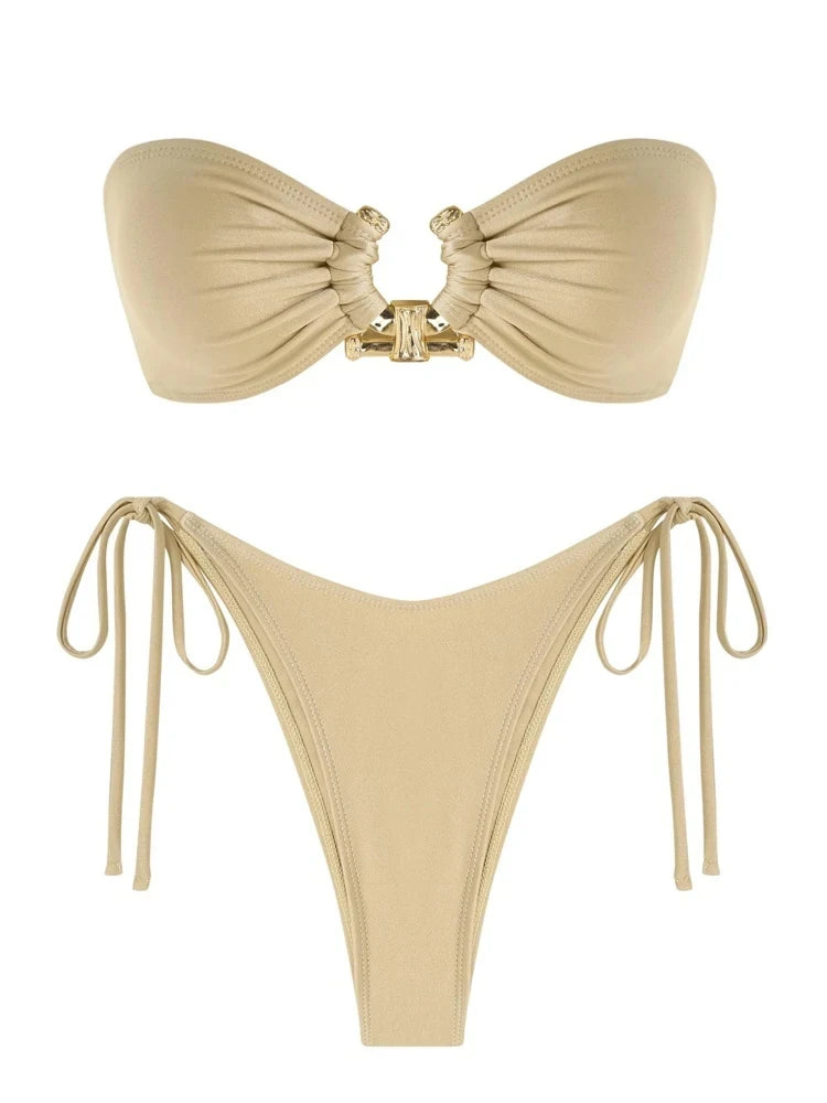 Solid O Ring - Bandeau Bikini Sæt 2025 | Skinnende, Strappy, Sommer-Besat