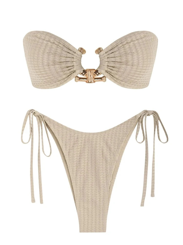 Solid O Ring - Bandeau Bikini Sæt 2025 | Skinnende, Strappy, Sommer-Besat