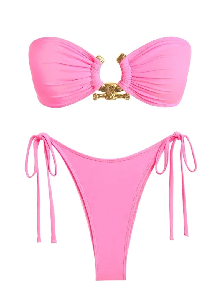 Solid O Ring - Bandeau Bikini Sæt 2025 | Skinnende, Strappy, Sommer-Besat