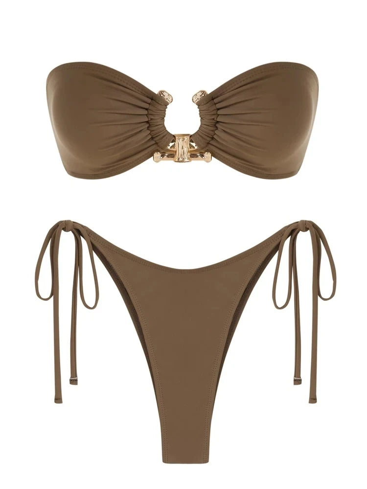 Solid O Ring - Bandeau Bikini Sæt 2025 | Skinnende, Strappy, Sommer-Besat