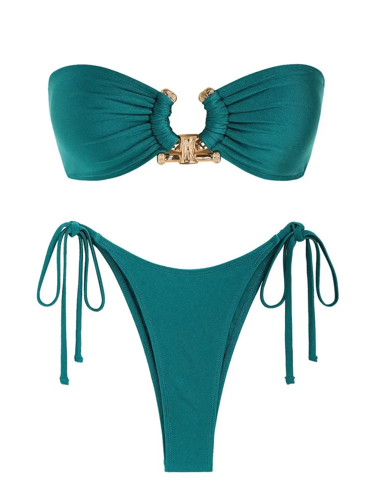 Solid O Ring - Bandeau Bikini Sæt 2025 | Skinnende, Strappy, Sommer-Besat