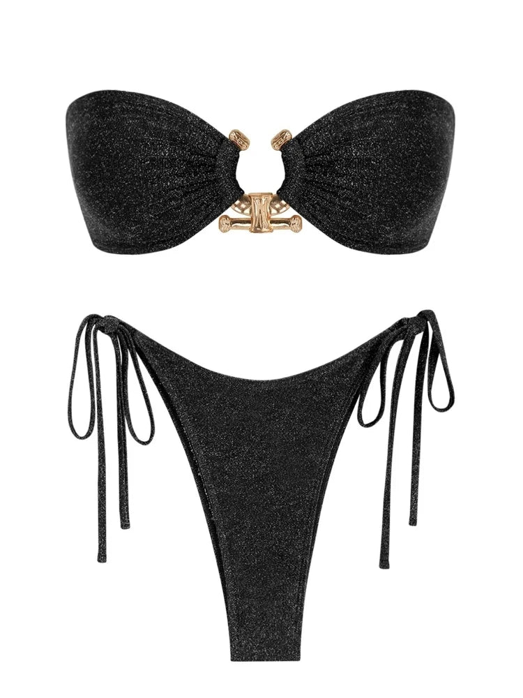 Solid O Ring - Bandeau Bikini Sæt 2025 | Skinnende, Strappy, Sommer-Besat