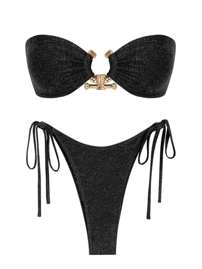 Solid O Ring - Bandeau Bikini Sæt 2025 | Skinnende, Strappy, Sommer-Besat